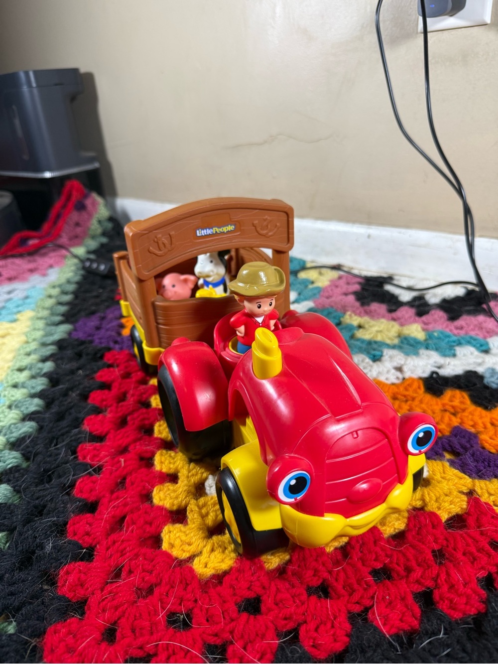 Fisher-Price Red & Yellow Little People Farm Tractor with Brown Trailer